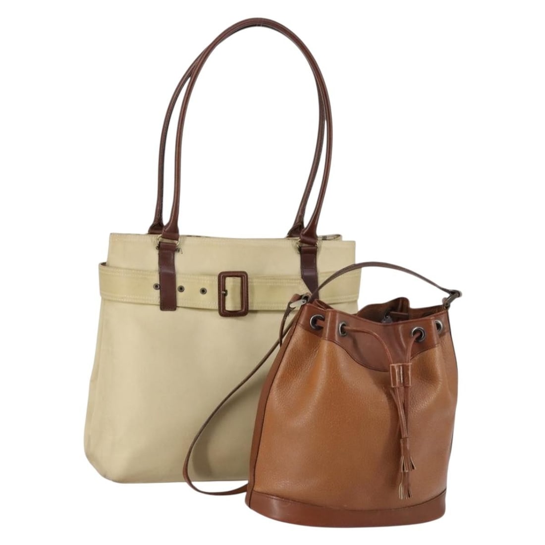 BURBERRY Beige Brown Leather Canvas Shoulder Bag Set: BURBERRY Beige Brown Leather Canvas Shoulder Bag Set This Burberry shoulder bag is a stylish accessory crafted from leather and canvas, featuring a chic beige and brown color scheme. The bag shows sig