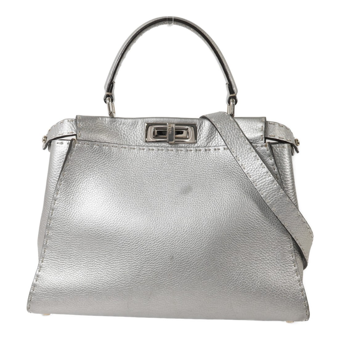 FENDI Peekaboo Medium silver calfskin 2 way shoulder bag: FENDI Peekaboo Medium silver calfskin 2 way shoulder bag This FENDI Peekaboo Medium 2 Way Shoulder Bag features a sophisticated design crafted from silver calfskin leather. The bag offers versatile ca