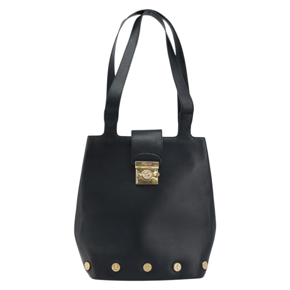 Black Leather Ferragamo Vintage Tote Handbag for Women: Black Leather Ferragamo Vintage Tote Handbag for Women This Salvatore Ferragamo vintage tote bag for women is crafted from black leather and features a spacious design. Made in Italy, the bag shows si