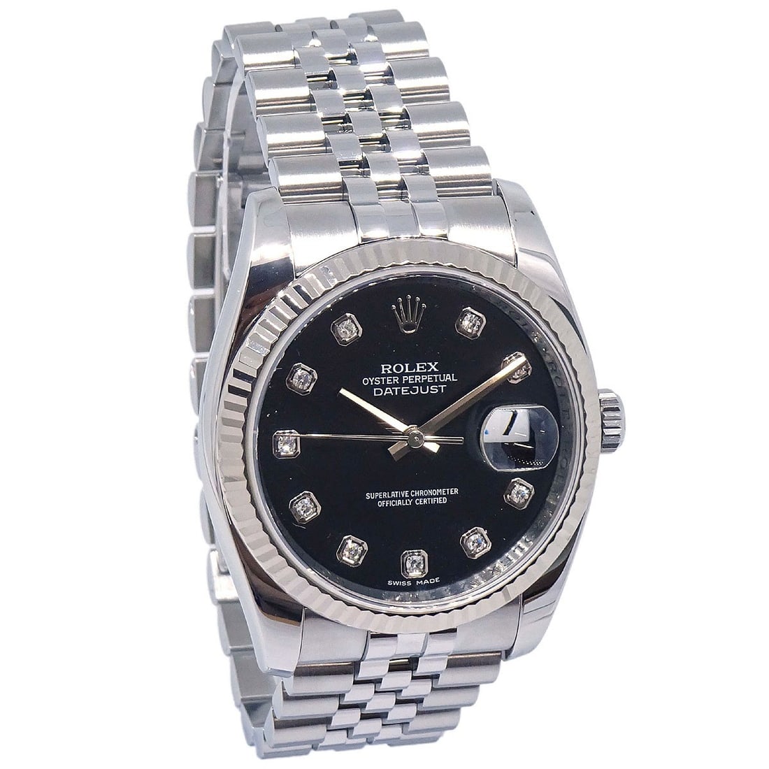 Rolex Datejust 36mm Stainless Steel Automatic Black Dial Watch: Rolex Datejust 36mm Stainless Steel Automatic Black Dial Watch This Rolex Oyster Perpetual Datejust 36mm Ref.116234G is a classic men's wristwatch featuring a stainless steel case and band in silver. 