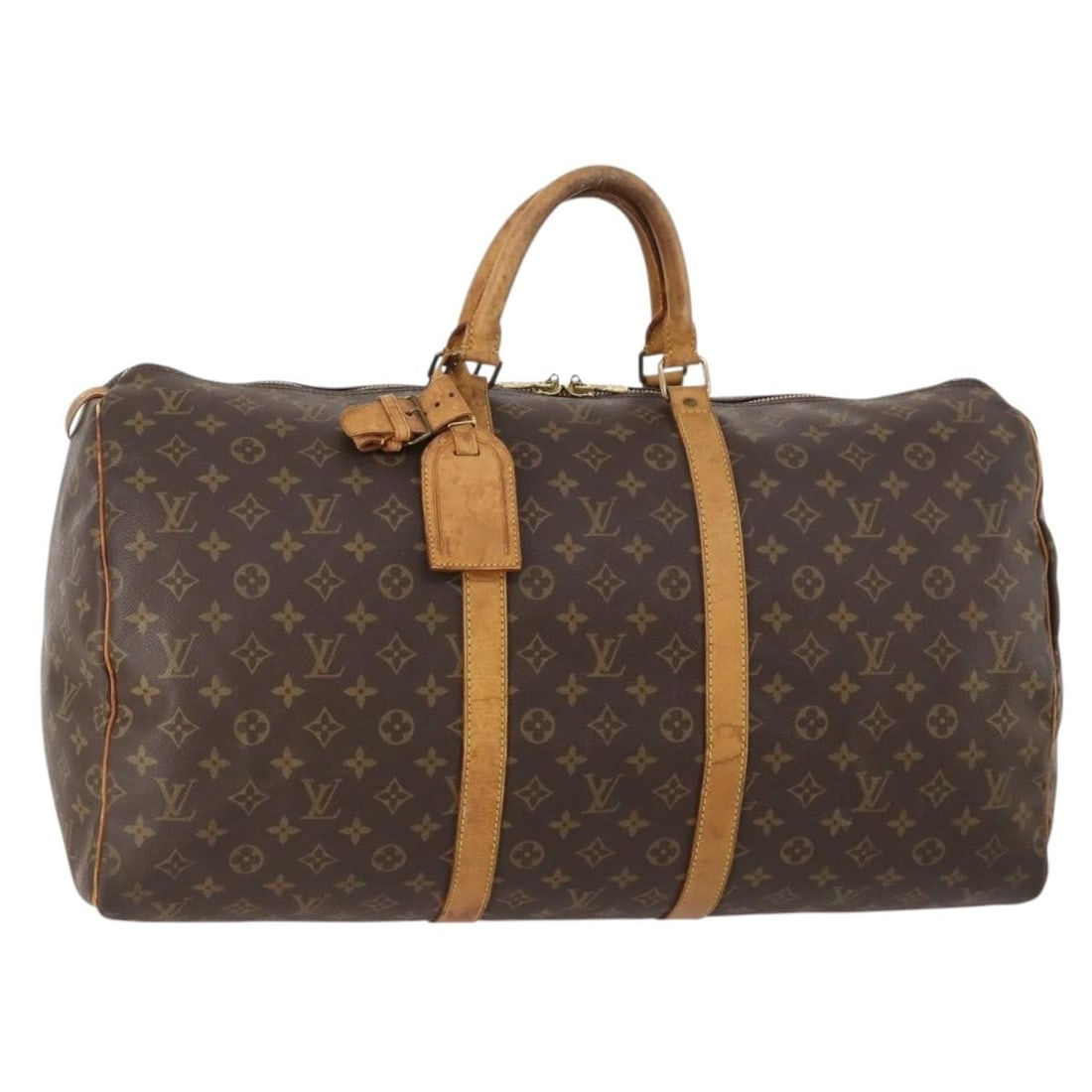 Louis Vuitton Keepall 55 Monogram Canvas Boston Bag M41424 with Name Tag: Louis Vuitton Keepall 55 Monogram Canvas Boston Bag M41424 with Name Tag This Louis Vuitton Monogram Keepall 55 Boston Bag features the iconic monogram canvas exterior and is designed for women. The b