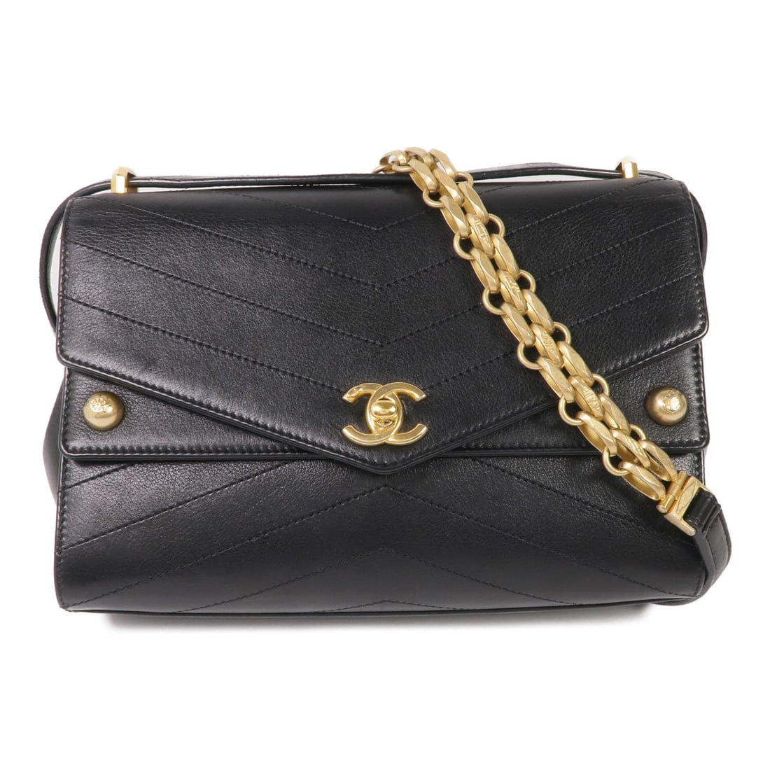 CHANEL Black Calfskin Chain Shoulder Bag Gold Tone: CHANEL Black Calfskin Chain Shoulder Bag Gold Tone This CHANEL shoulder bag features a classic black calfskin leather exterior with a chain strap and gold-tone hardware. Designed for women, it offers 