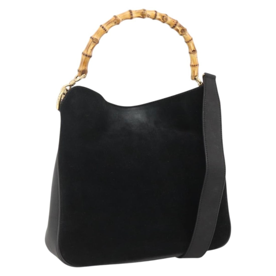 Black Suede Bamboo Shoulder Bag by Gucci with Gold Accents Two Way Italy: Black Suede Bamboo Shoulder Bag by Gucci with Gold Accents Two Way Italy This GUCCI Bamboo shoulder bag is crafted from black suede and features both shoulder and top handle carrying options. The bag 