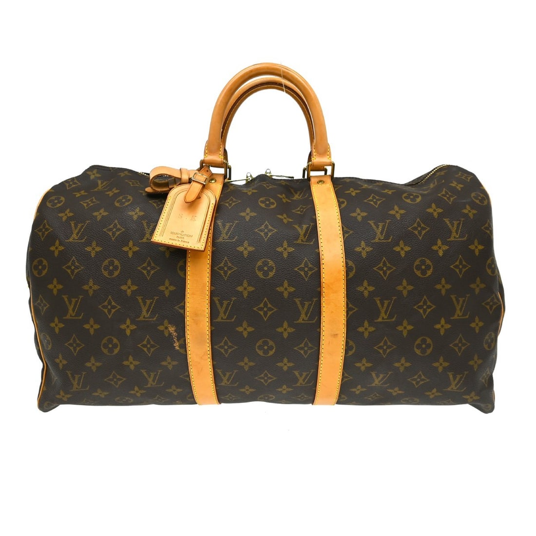 Louis Vuitton Keepall Monogram Canvas Travel Duffel: Louis Vuitton Keepall Monogram Canvas Travel Duffel This Louis Vuitton Keepall Bag features the iconic monogram canvas in brown and is designed for unisex use. The bag shows visible wear, including sc