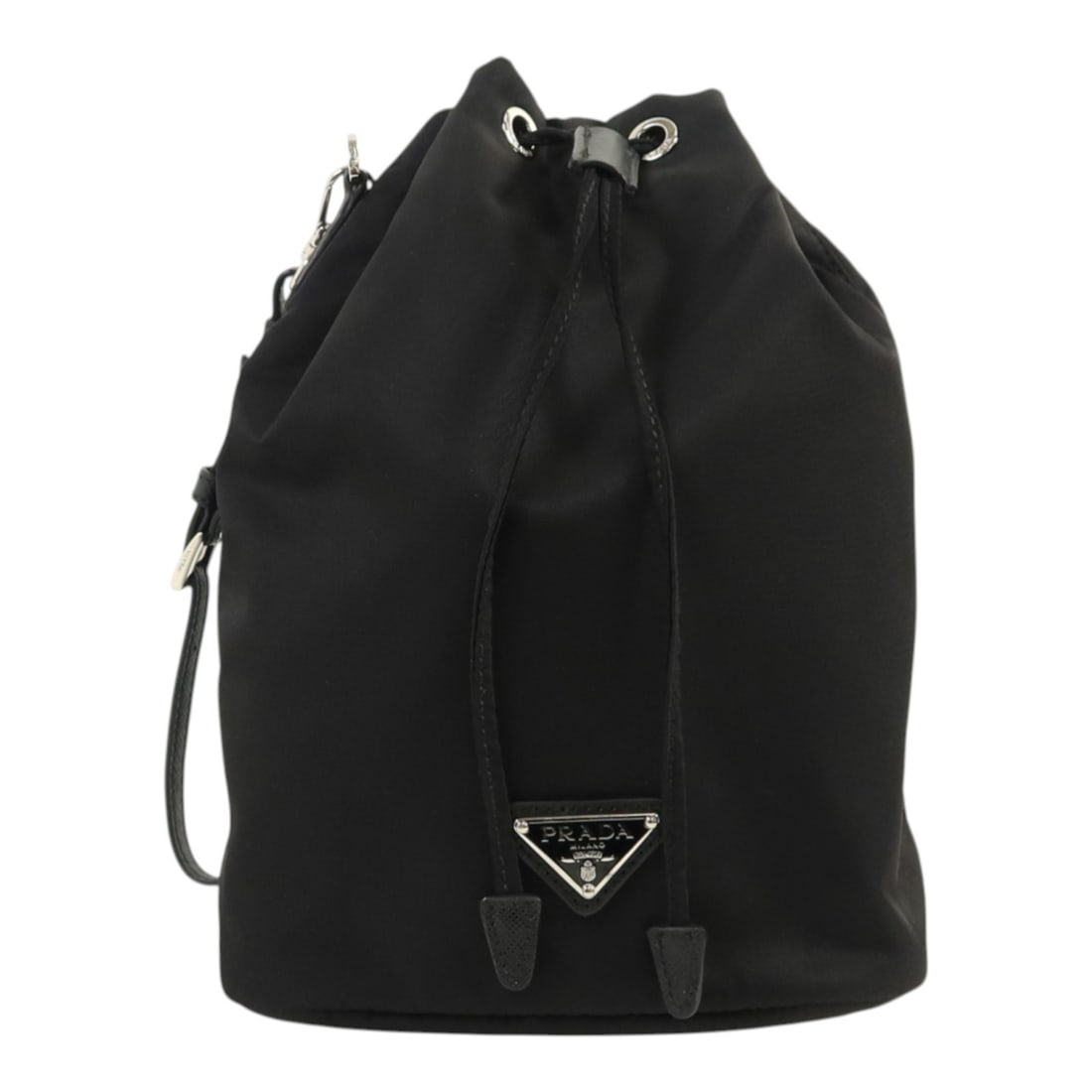 Prada Re Nylon Drawstring Pouch Black Strap 1NS369: Prada Re Nylon Drawstring Pouch Black Strap 1NS369 This Prada drawstring pouch is crafted from durable black nylon and features a practical strap for easy carrying. Made in Italy, it offers a sleek an