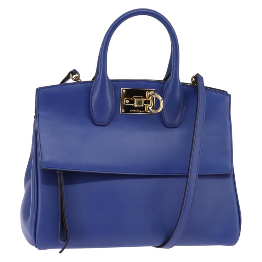 Salvatore Ferragamo Gancini Studio Leather Hand Bag Blue Gold Italy: Salvatore Ferragamo Gancini Studio Leather Hand Bag Blue Gold Italy This authentic Salvatore Ferragamo Gancini Studio Hand Bag is a stylish accessory crafted in Italy, featuring a sophisticated blue a