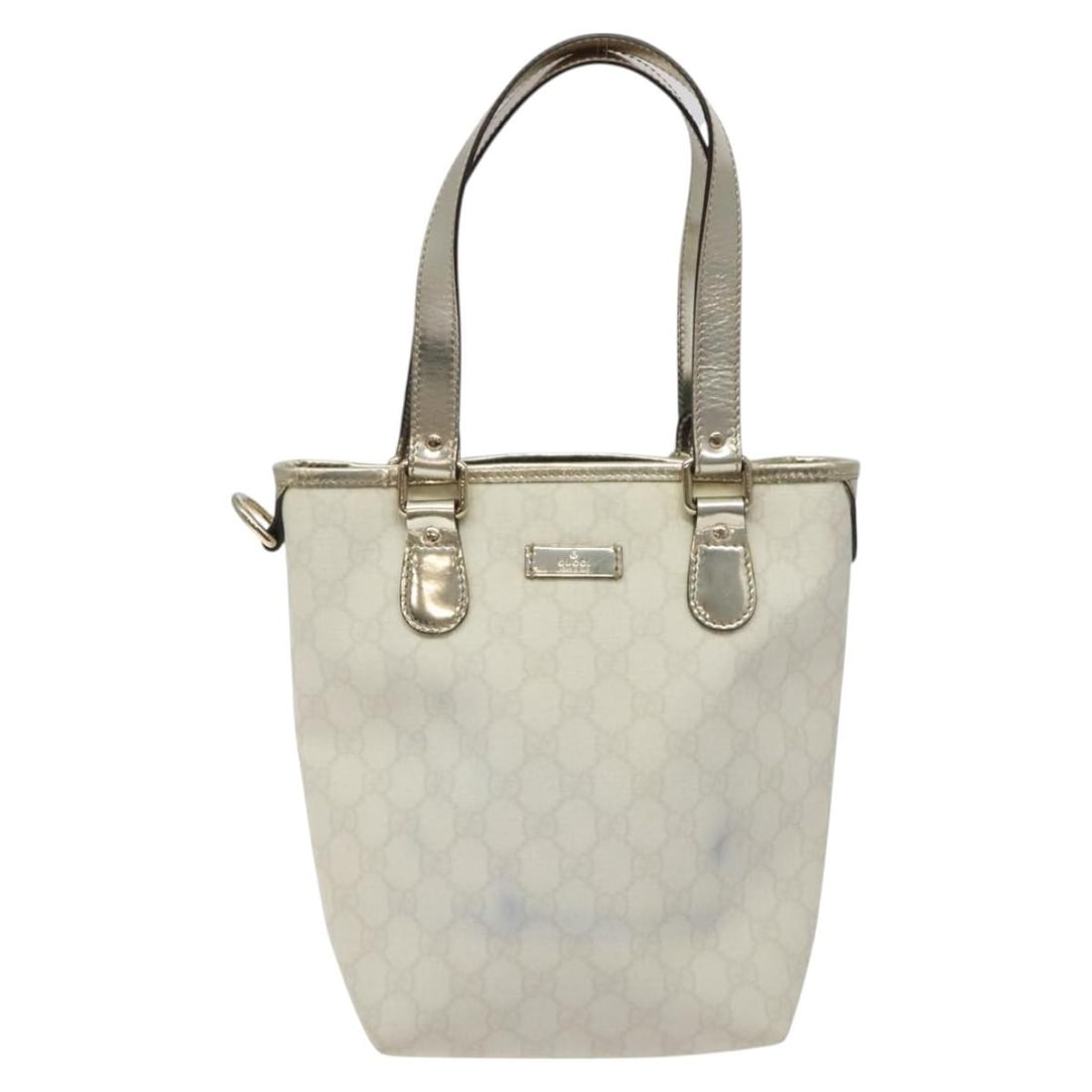 White Canvas Vintage Tote Bag by Gucci Italy 17cm x 22cm x 10cm: White Canvas Vintage Tote Bag by Gucci Italy 17cm x 22cm x 10cm This Gucci vintage tote features the iconic GG canvas in a classic white color. Designed for women, the bag includes leather trim and me