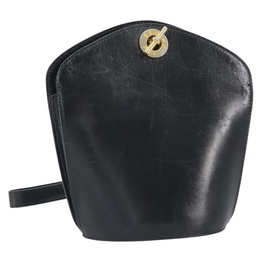 Black Leather CELINE Shoulder Bag with Gold Accents from Italy: Black Leather CELINE Shoulder Bag with Gold Accents from Italy This CELINE shoulder bag features black leather with gold-tone accents. Made in Italy, it offers a structured silhouette and a single sho