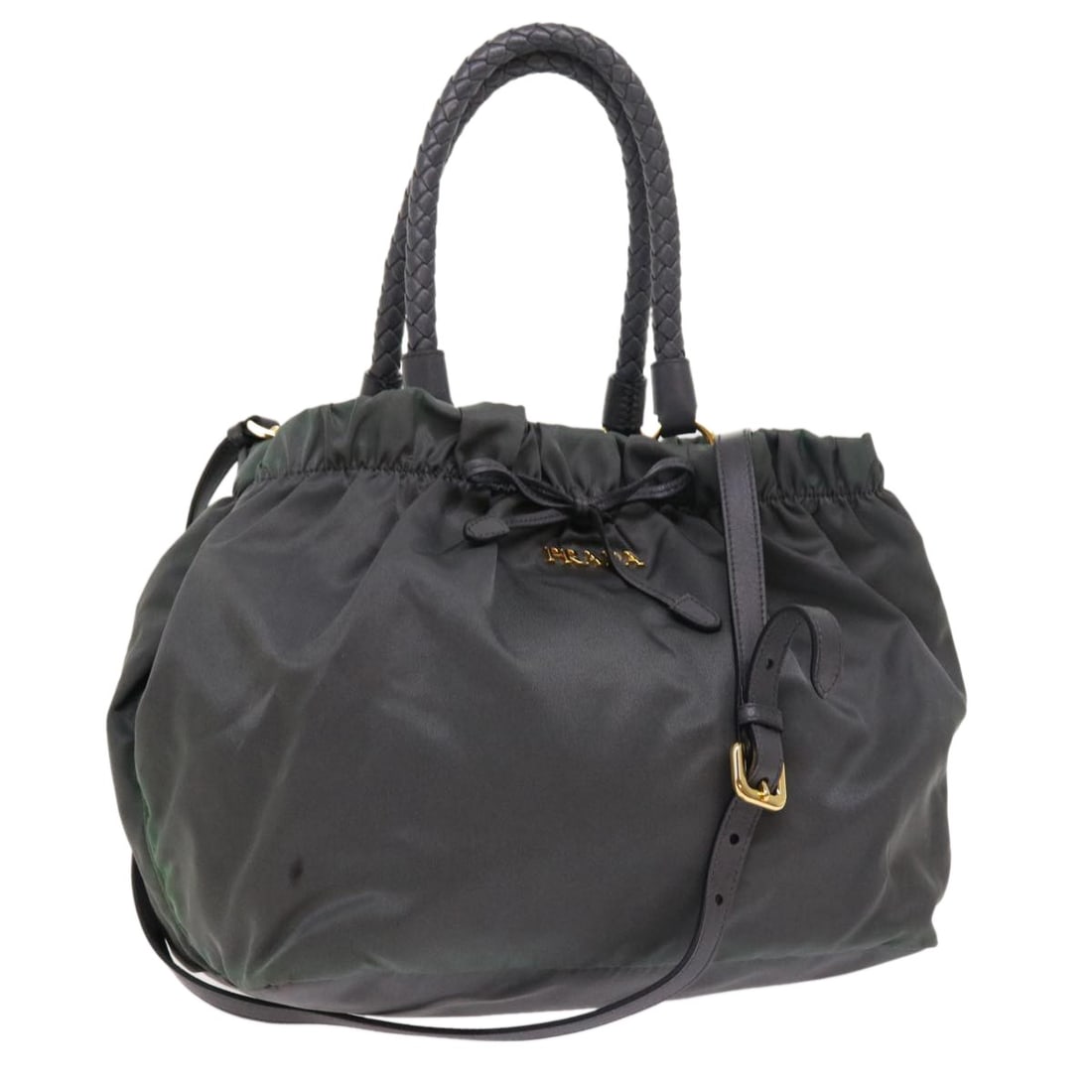 Prada gray nylon 2way handbag Italy: Prada gray nylon 2way handbag Italy This PRADA handbag is crafted from gray nylon and offers versatile 2-way carrying options. Designed for women, it features a spacious interior and practical dimensi