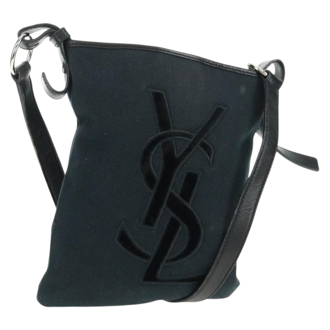 Black Canvas Shoulder Bag by Saint Laurent with Silver Accents: Black Canvas Shoulder Bag by Saint Laurent with Silver Accents This Saint Laurent women's shoulder bag features a black and silver canvas exterior and is crafted in Italy. The bag has a structured sha