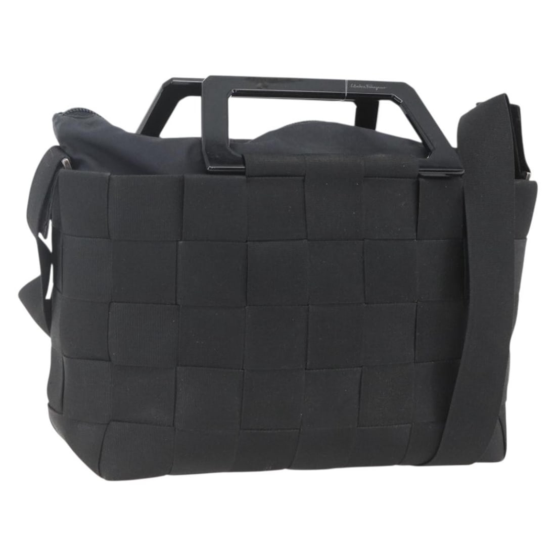 Black Nylon 2way Shoulder and Handbag by Salvatore Ferragamo with Silver Accents: Black Nylon 2way Shoulder and Handbag by Salvatore Ferragamo with Silver Accents This Salvatore Ferragamo 2-way handbag features black nylon exterior with silver-tone accents. Designed for versatility