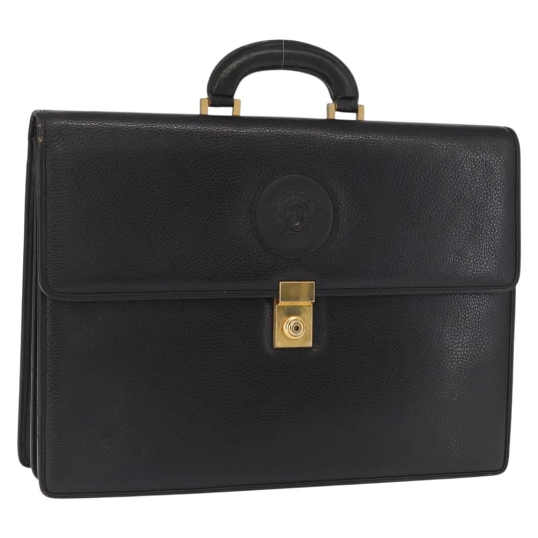 Gianni Versace Black Leather Business Bag with Gold Accents: Gianni Versace Black Leather Business Bag with Gold Accents This Gianni Versace business bag is crafted from black leather with gold accents. Made in Italy, it features dual top handles and is designe