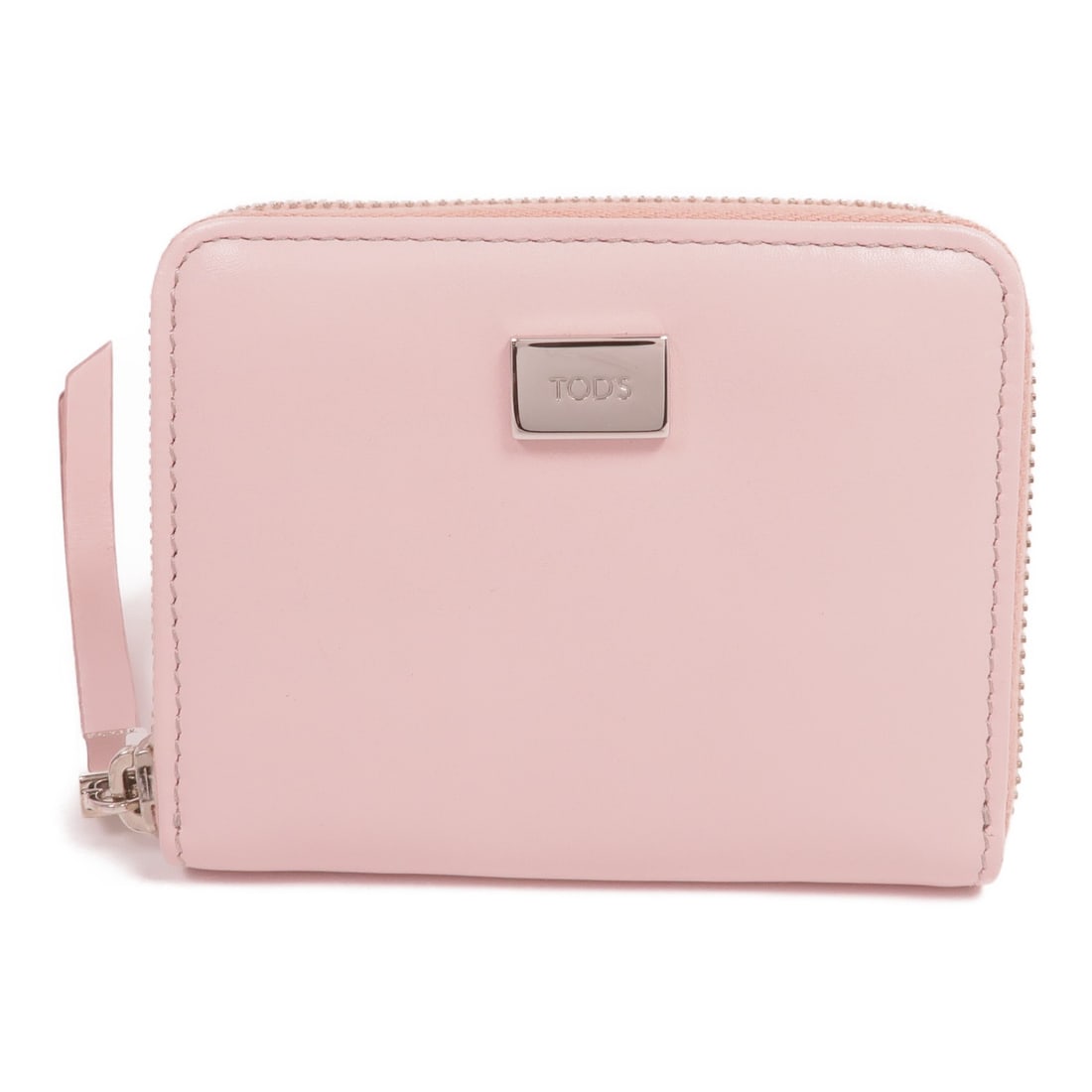 TOD'S Pink Leather Round Wallet: TOD'S Pink Leather Round Wallet This elegant round wallet by TOD'S is crafted from high-quality leather in a charming pink hue. Designed for regular use, it showcases a stylish frame color that comple