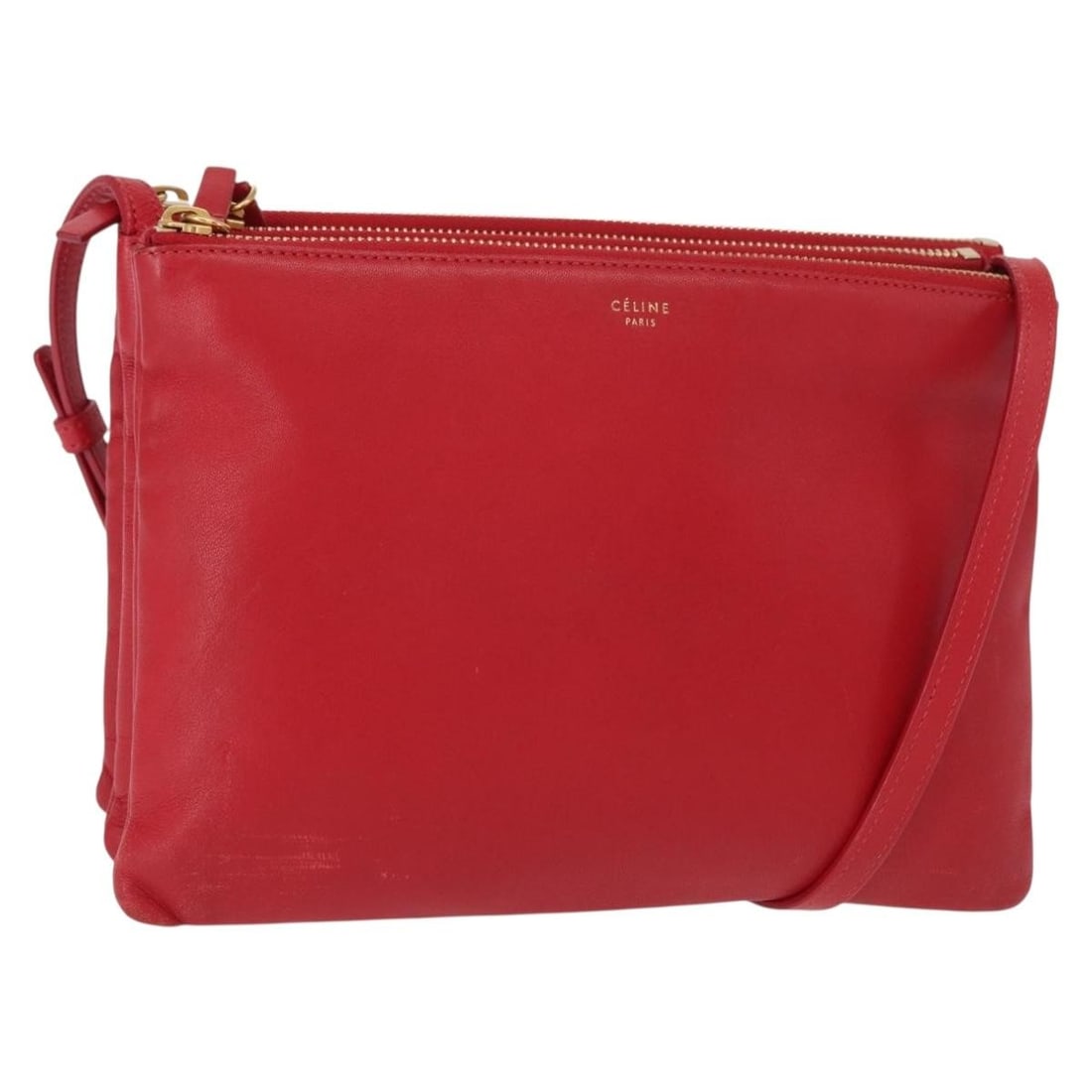 CELINE Trio Shoulder Bag Leather Red Gold Made in Italy Auth 151858: CELINE Trio Shoulder Bag Leather Red Gold Made in Italy Auth 151858 This CELINE Trio Shoulder Bag combines luxury with functionality, featuring a striking red leather exterior accented with gold detai