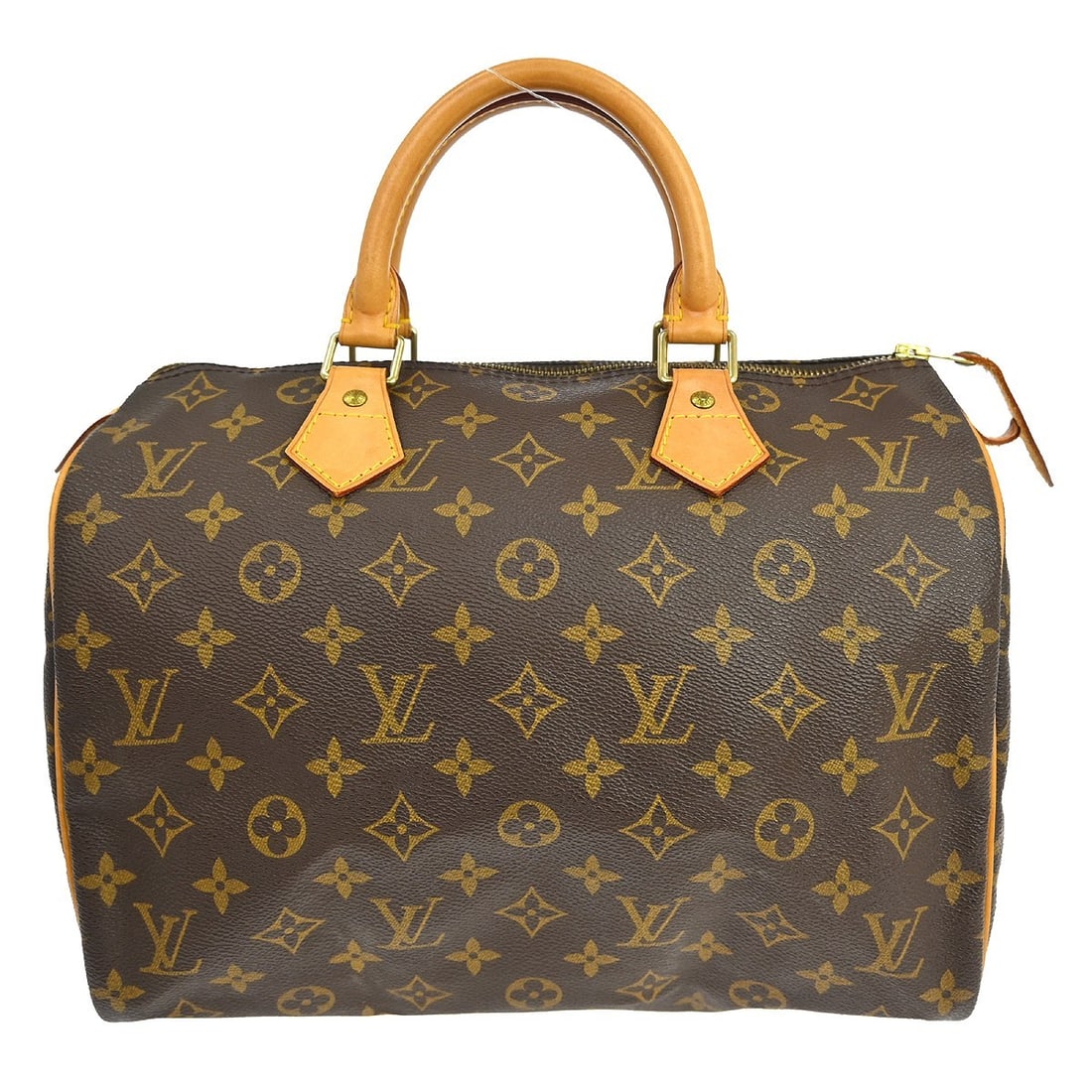 Louis Vuitton Monogram Speedy 30 Brown Canvas Satchel: Louis Vuitton Monogram Speedy 30 Brown Canvas Satchel This Louis Vuitton Speedy 30 handbag features the classic Monogram canvas design with beige leather double handles and a zip closure. The bag has 