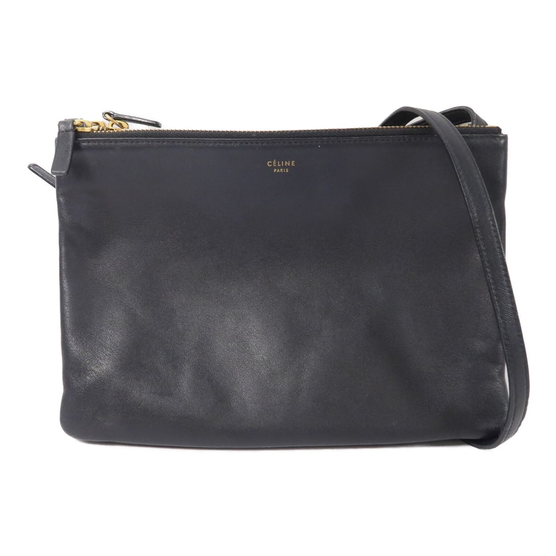 Celine Trio black calfskin shoulder bag GHW: Celine Trio black calfskin shoulder bag GHW This CELINE Trio shoulder bag features a sleek black calfskin leather exterior and a minimalist design. Crafted for women, it offers a compact silhouette wi