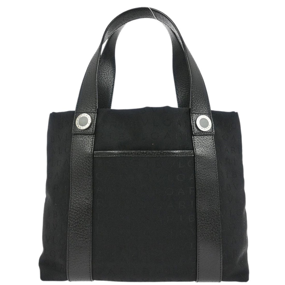 Bvlgari Logomania Black Canvas Tote with Leather Handles: Bvlgari Logomania Black Canvas Tote with Leather Handles This Bvlgari Logomania tote handbag features a black canvas exterior with prominent logo accents and double leather handles. Designed in a medi