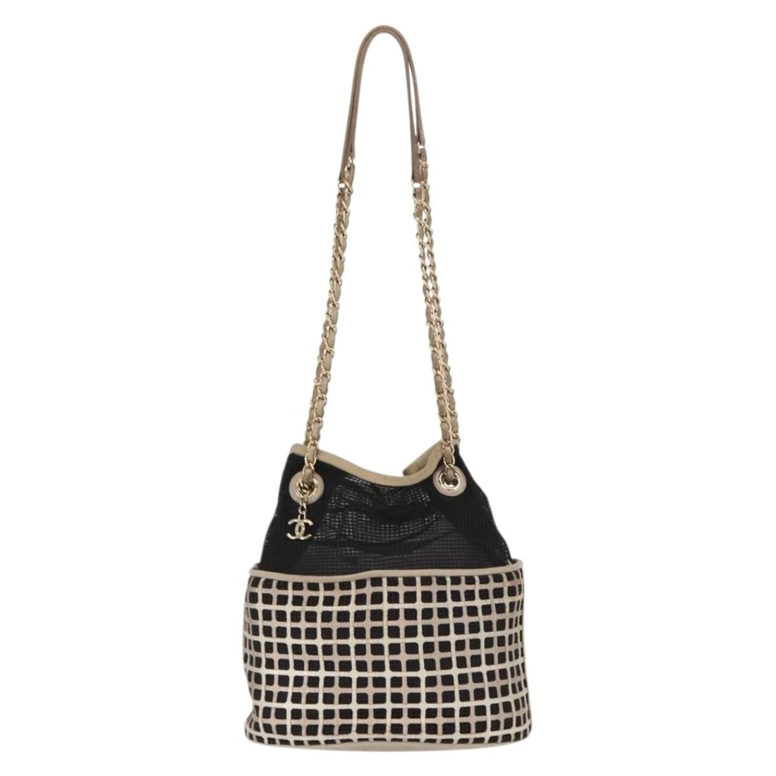 Black Leather Chanel Shoulder Bag Chain Bucket Style: Black Leather Chanel Shoulder Bag Chain Bucket Style This pre-owned Chanel Chain Bucket Bag for women features black leather with mesh detailing. The shoulder bag measures 25cm x 16cm x 16cm and is ma