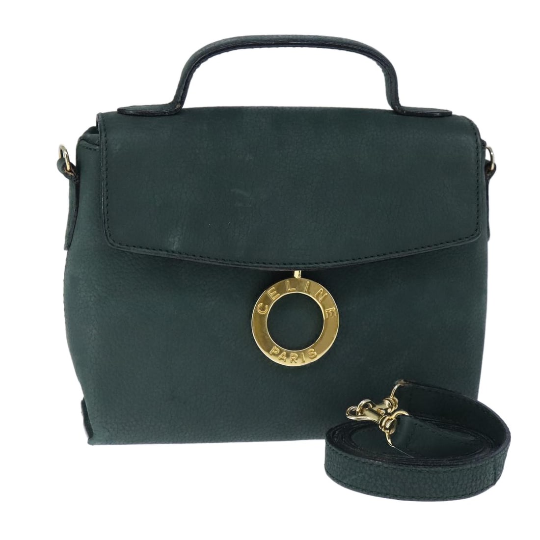 Celine Green Leather Convertible Handbag with Gold Accents and Shoulder Strap: Celine Green Leather Convertible Handbag with Gold Accents and Shoulder Strap This CELINE handbag is crafted from green leather with gold-tone accents and features a versatile 2-way design for hand or