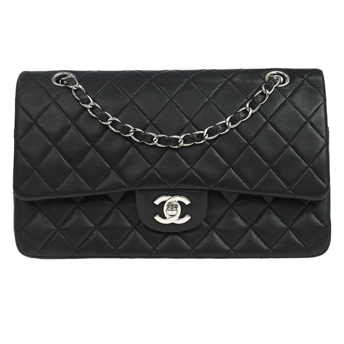 CHANEL Classic Flap Black Lambskin Medium Shoulder Bag: CHANEL Classic Flap Black Lambskin Medium Shoulder Bag This Chanel Classic Double Flap Shoulder Bag is crafted from luxurious black lambskin leather and features a medium size with a signature turn lo