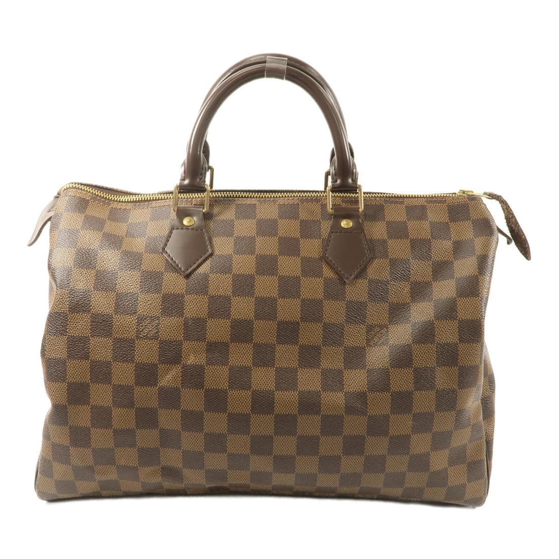 Louis Vuitton Damier Ebene Speedy 35 Brown PVC Handbag GHW: Louis Vuitton Damier Ebene Speedy 35 Brown PVC Handbag GHW This Louis Vuitton Speedy 35 handbag features the iconic Damier Ebene pattern in brown PVC coated canvas, complemented by gold-tone hardware.