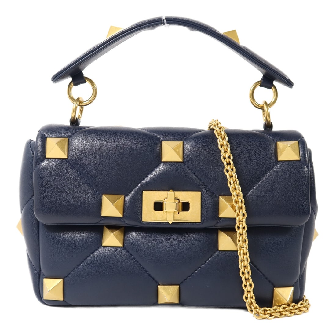 Valentino Blue Calfskin Leather Studded Flap Shoulder Bag with Chain GHW: Valentino Blue Calfskin Leather Studded Flap Shoulder Bag with Chain GHW This Valentino 2-way chain shoulder bag is crafted from blue calfskin leather and features gold-tone hardware. The bag offers v