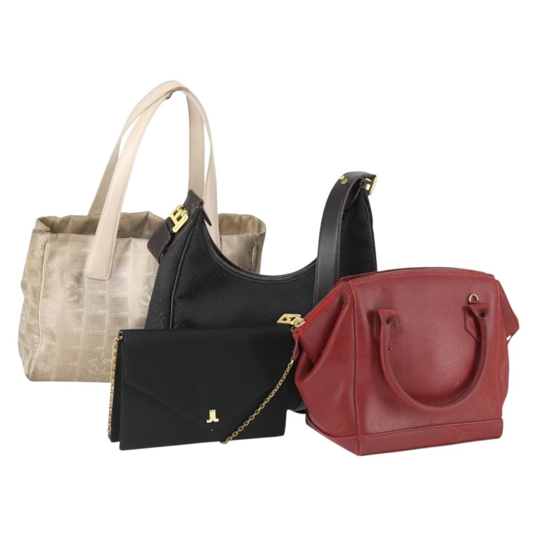 CHANEL leather shoulder bag red gold black auth: CHANEL leather shoulder bag red gold black auth This is a special set of four women's shoulder bags from CHANEL, Fendi, Bally, and Lanvin, all crafted from leather. The bags feature a combination of r