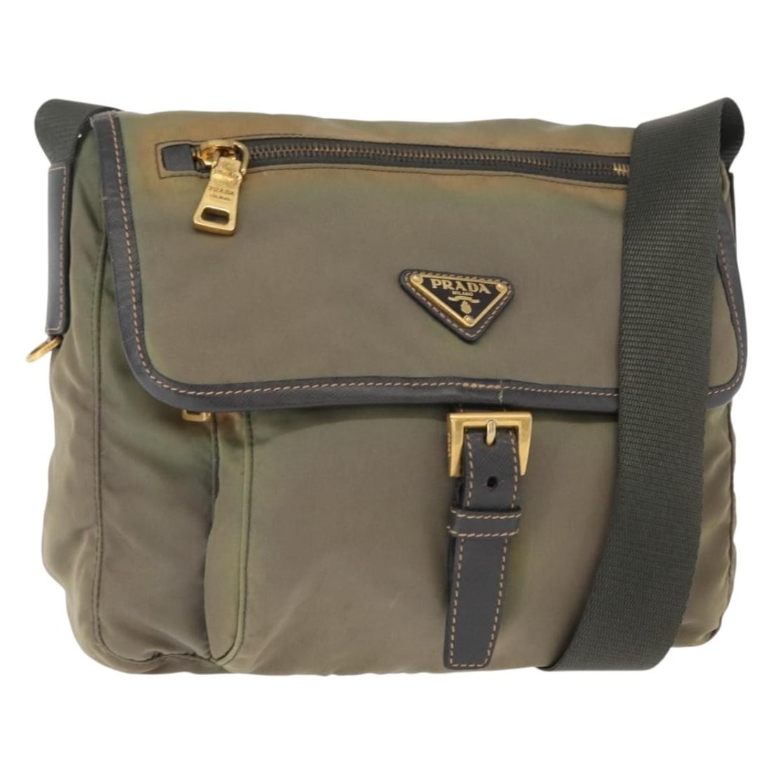 Prada Khaki Nylon Shoulder Bag with Guarantee Card: Prada Khaki Nylon Shoulder Bag with Guarantee Card This PRADA shoulder bag is crafted from durable nylon in a khaki and gold color scheme. Designed for women, it features an adjustable shoulder strap 