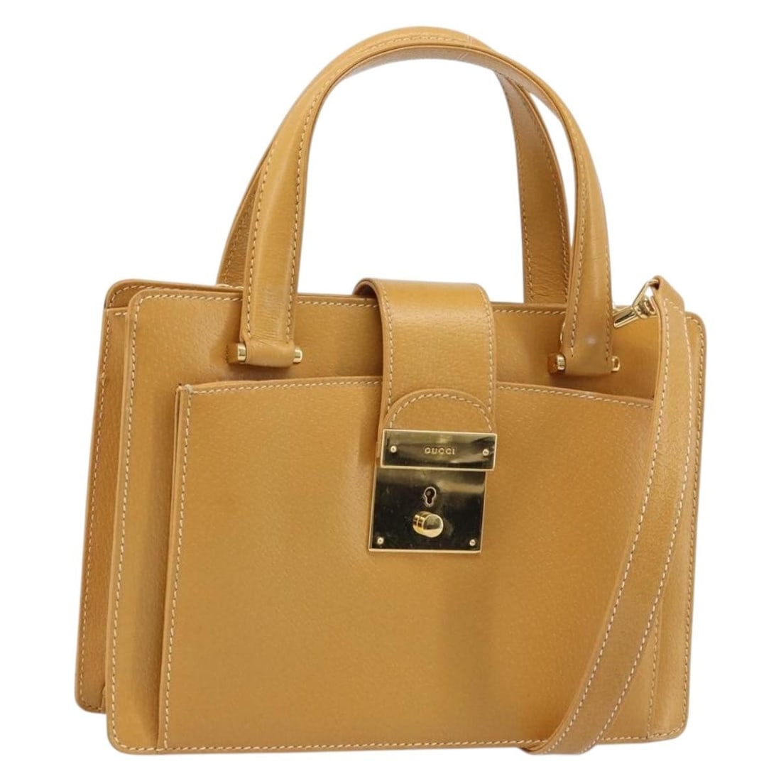 Gucci beige leather two way handbag with shoulder strap: Gucci beige leather two way handbag with shoulder strap This GUCCI 2-way handbag is crafted from beige and gold leather and can be carried by hand or worn over the shoulder with its detachable strap. 