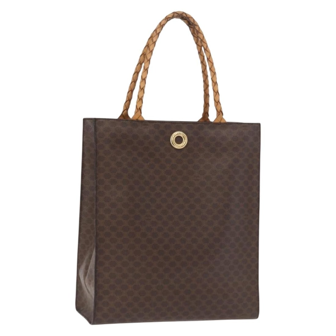 Celine Brown Macadam Canvas PVC Leather Tote Bag Gold Accents: Celine Brown Macadam Canvas PVC Leather Tote Bag Gold Accents This CELINE Macadam Canvas tote bag features a brown and gold color scheme with PVC leather and signature Macadam canvas exterior. The tot