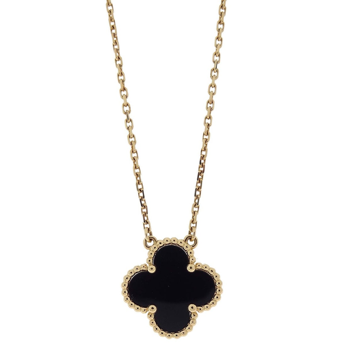 Van Cleef Arpels Alhambra onyx charm necklace Au750 gold: Van Cleef Arpels Alhambra onyx charm necklace Au750 gold This Van Cleef & Arpels Vintage Alhambra necklace features a classic charm design crafted in 18k yellow gold (Au750). The pendant showcases a s