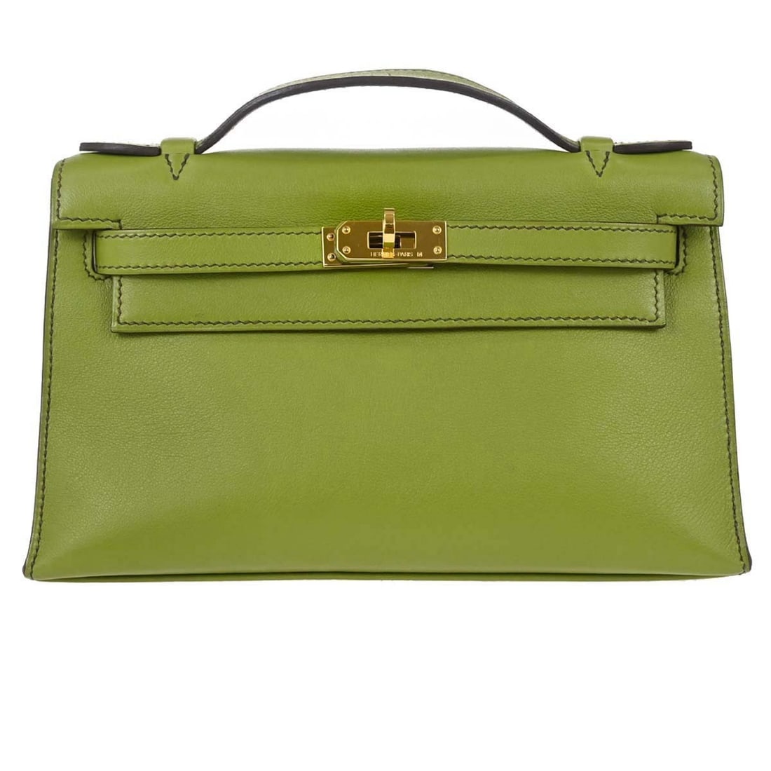 Hermes Kelly Pochette Green Swift Leather Top Handle Pouch: Hermes Kelly Pochette Green Swift Leather Top Handle Pouch This Hermes Anis Green Swift Kelly Pochette Handbag features a compact, elegant design crafted from high-quality leather with a smooth finish