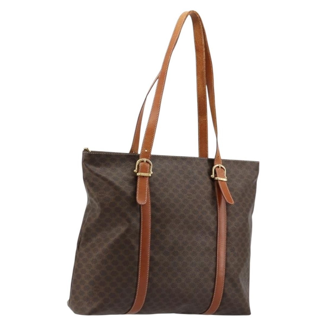 CELINE Macadam Canvas Brown Gold Tote Bag PVC Leather Italy: CELINE Macadam Canvas Brown Gold Tote Bag PVC Leather Italy This CELINE Macadam Canvas tote bag is crafted from durable PVC leather in a brown and gold color scheme. Designed for women, it features th
