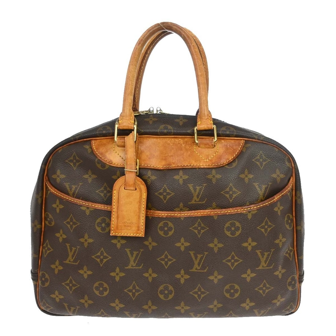 Louis Vuitton Deauville Monogram Canvas Brown Medium Handbag: Louis Vuitton Deauville Monogram Canvas Brown Medium Handbag This Louis Vuitton Deauville Bowling Vanity Handbag features the iconic monogram canvas with leather trim and double leather handles. The m