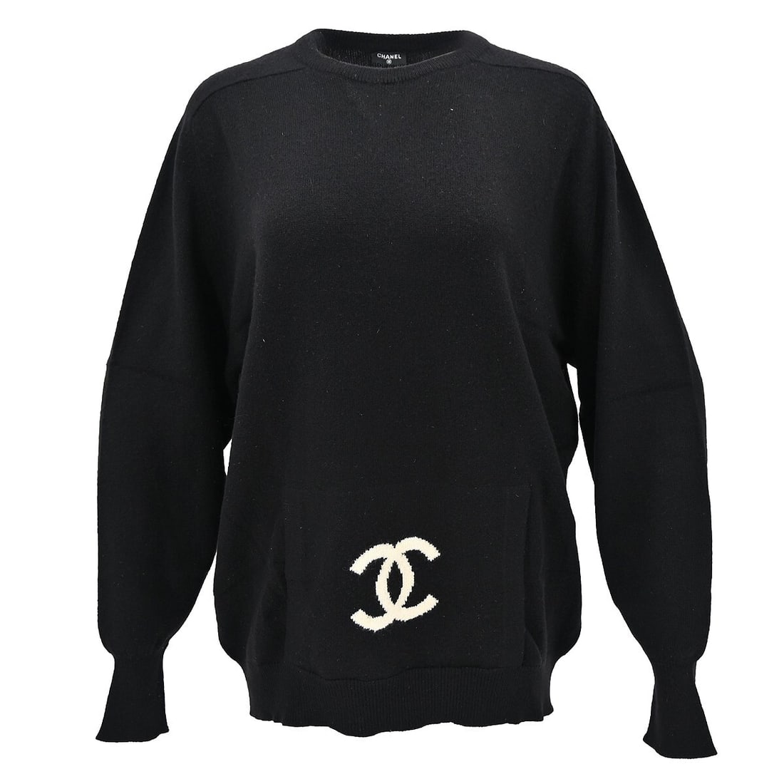 Chanel Black Long Sleeve Knit Sweater Casual Top: Chanel Black Long Sleeve Knit Sweater Casual Top Elevate your casual wardrobe with this exquisite Chanel Long Sleeve Sweater Knit Top in timeless black. Featuring a classic round neckline and crafted 