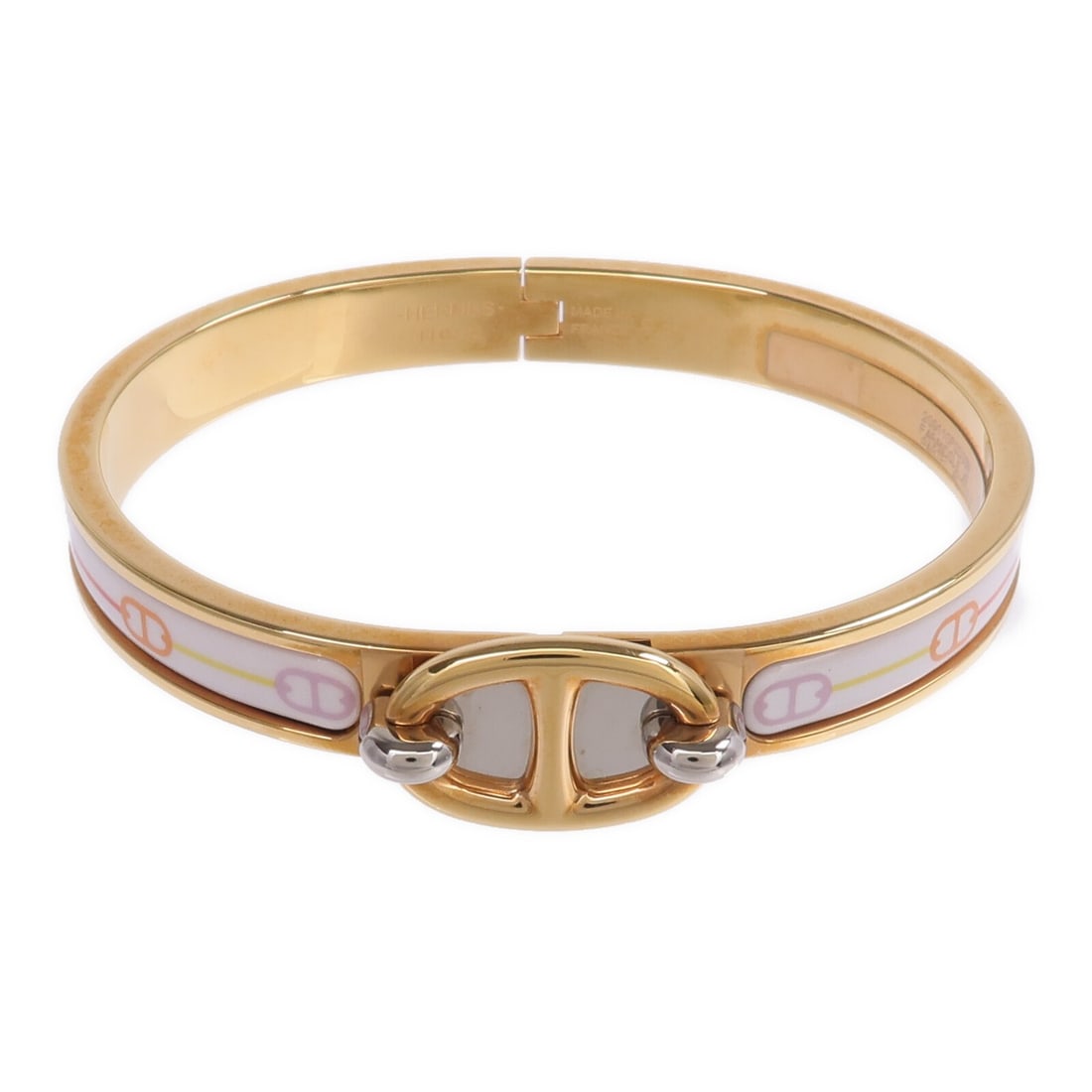 Hermes Clic Chaine d'Ancre enamel bracelet gold white multicolor: Hermes Clic Chaine d'Ancre enamel bracelet gold white multicolor This HERMES Mini Clic Chaine d'Ancre bracelet features a striking design with enamel in gold, white, and multicolor tones. Crafted for 
