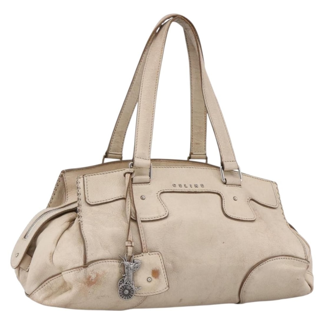 CELINE white leather Boston handbag Italy silver accents: CELINE white leather Boston handbag Italy silver accents This CELINE Boston Bag features a white and silver leather exterior and is designed for women. The bag is made in Italy and offers a spacious i