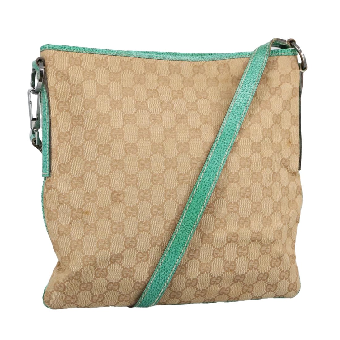 Beige GG Canvas Gucci 113013 Women's Shoulder Purse with Green Silver Accents: Beige GG Canvas Gucci 113013 Women's Shoulder Purse with Green Silver Accents This GUCCI GG Canvas Shoulder Bag features a beige, silver, and green color palette with signature GG canvas material. Des