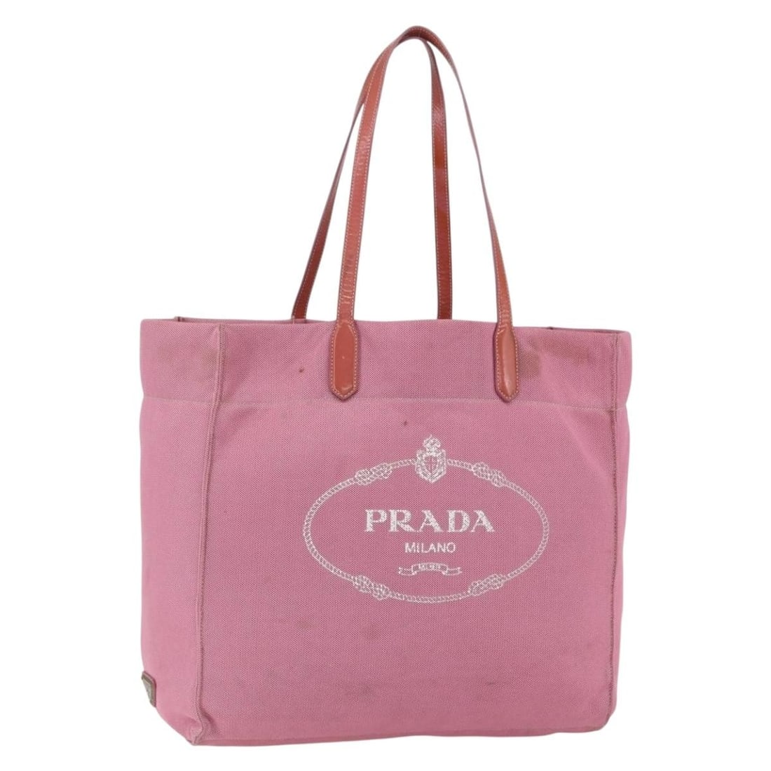 PRADA Pink Canvas Tote Bag Italy Auth 158495: PRADA Pink Canvas Tote Bag Italy Auth 158495 This authentic PRADA tote bag is a stylish accessory crafted from durable pink canvas, perfect for everyday use. Measuring approximately 14.2 inches in len