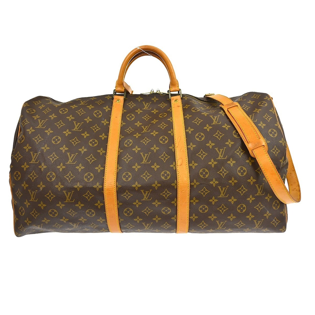 Louis Vuitton Keepall Bandouliere 60 Monogram Duffle Bag: Louis Vuitton Keepall Bandouliere 60 Monogram Duffle Bag This Louis Vuitton Keepall Bandouliiere 60 is a vintage extra-large duffle bag crafted from brown monogram canvas leather. It features a zip cl