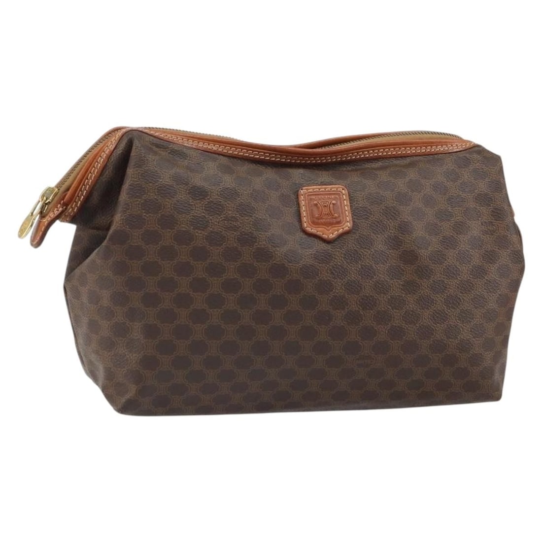 Celine Brown Macadam Canvas PVC Leather Clutch with Gold Accents: Celine Brown Macadam Canvas PVC Leather Clutch with Gold Accents This CELINE Macadam clutch bag features a brown and gold design crafted from PVC leather and Macadam canvas. Made in Italy, the bag sho