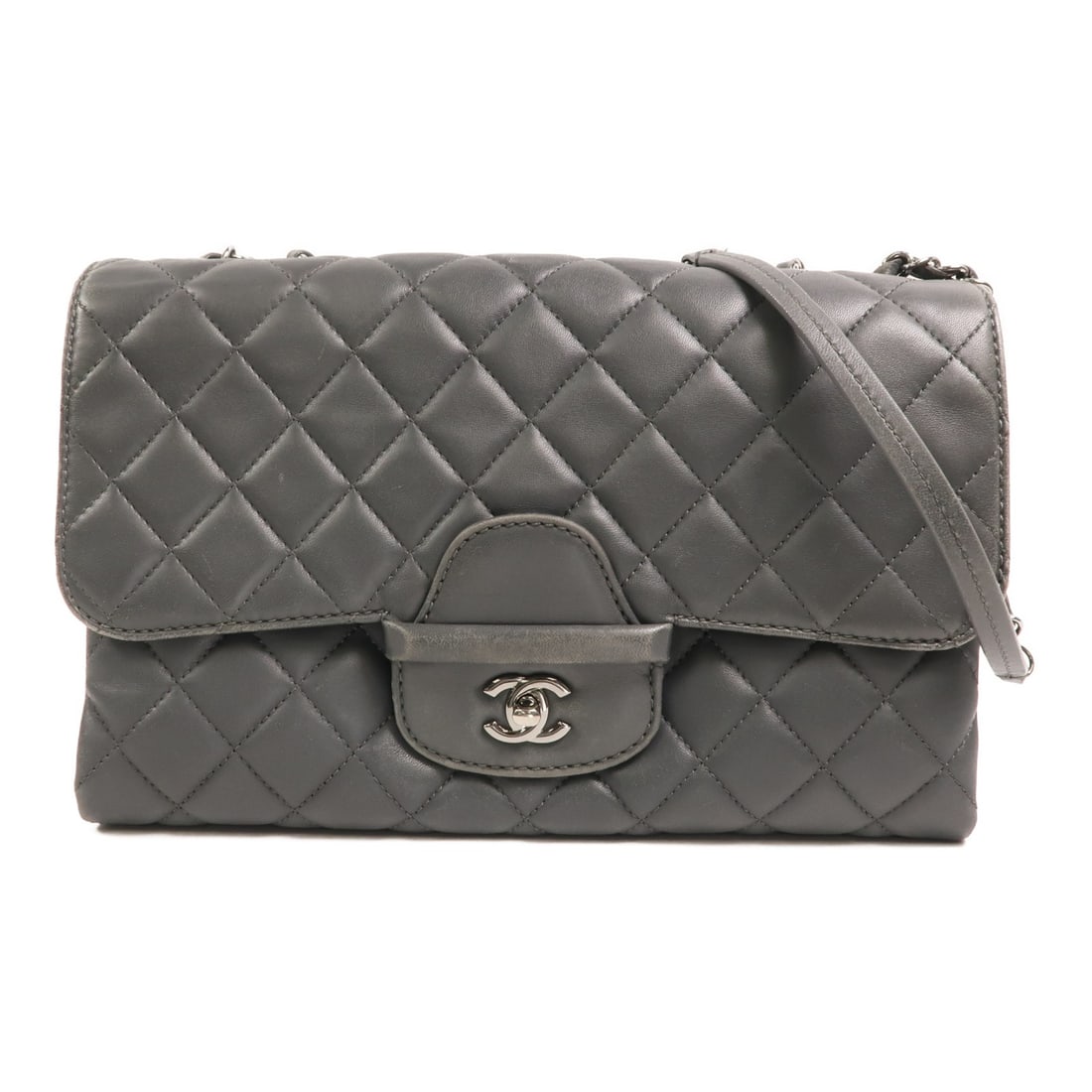 CHANEL Lambskin Gray Shoulder Bag CC SHW: CHANEL Lambskin Gray Shoulder Bag CC SHW This CHANEL shoulder bag features a classic CC logo design and is crafted from luxurious lambskin leather in grey. Designed for women, it offers a sophisticate