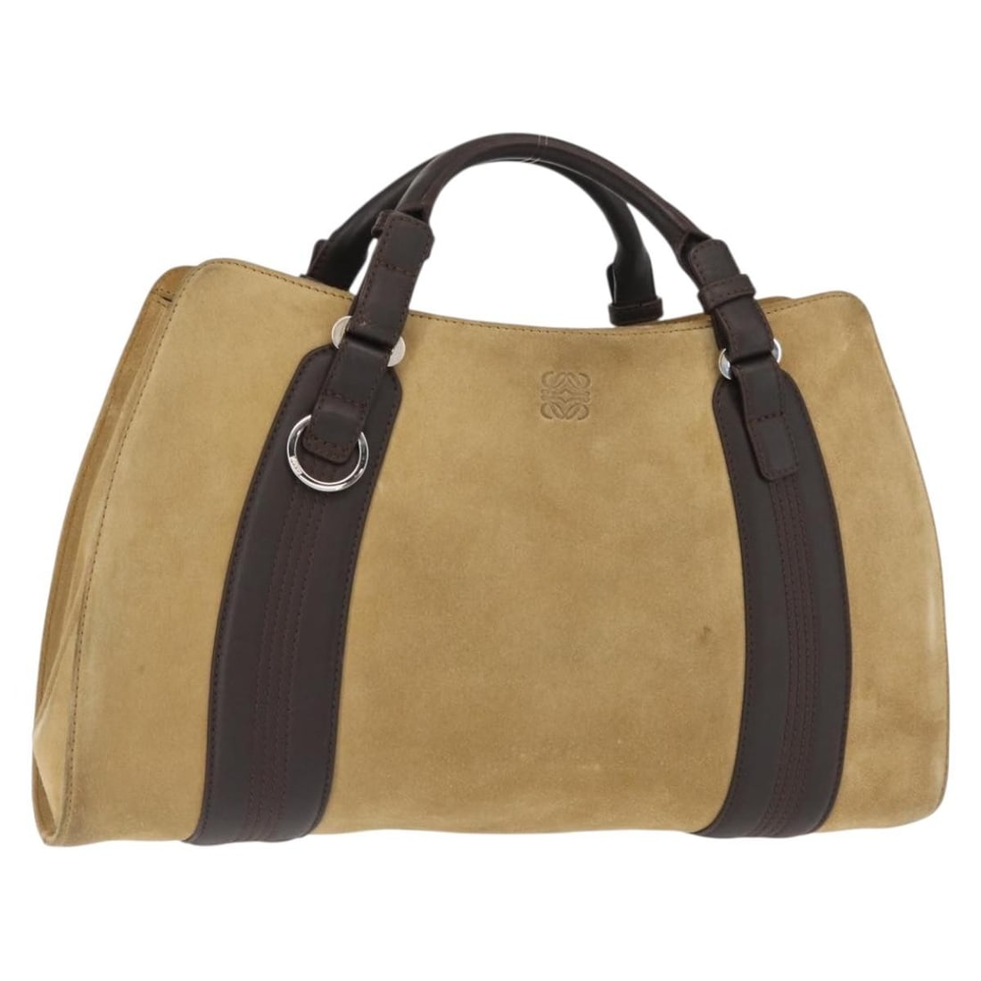 LOEWE Anagram Suede Hand Bag Beige Gold Auth 146998: LOEWE Anagram Suede Hand Bag Beige Gold Auth 146998 This authentic LOEWE Anagram Hand Bag is a stylish accessory crafted from soft beige suede with gold accents. The bag features a spacious interior w