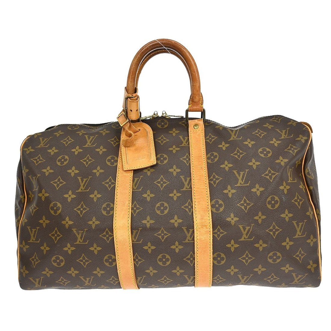 Louis Vuitton Keepall Canvas Travel Bag with Name Tag: Louis Vuitton Keepall Canvas Travel Bag with Name Tag This Louis Vuitton Keepall Bag features the iconic monogram canvas in brown. Designed as a unisex travel bag, it is crafted from durable canvas an