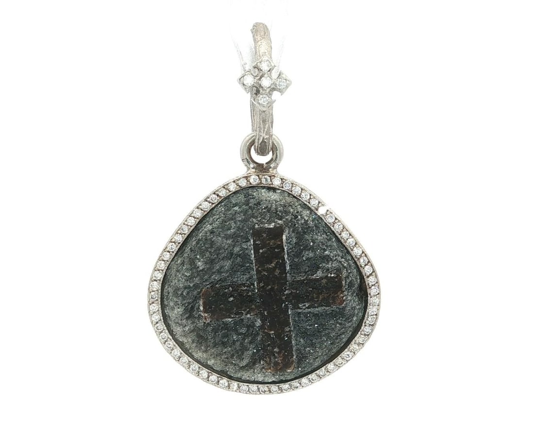 Loree Rodkin 18K White Gold Diamond Frame Cross Pendant: Loree Rodkin 18K White Gold Diamond Frame Cross Pendant This exquisite pendant features a beautifully carved Staurolite stone, bezel set in a frame adorned with numerous natural genuine diamonds. The 