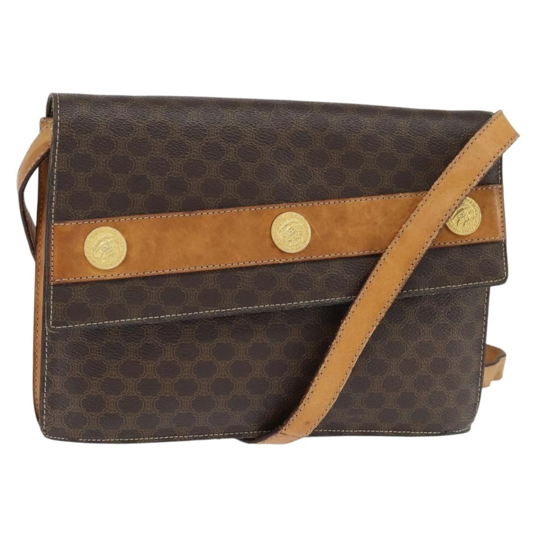 CELINE Macadam Canvas Shoulder Bag PVC Leather Brown Gold Italy: CELINE Macadam Canvas Shoulder Bag PVC Leather Brown Gold Italy Introducing the CELINE Macadam Canvas Shoulder Bag, a stylish accessory crafted from durable PVC leather in a sophisticated brown and go