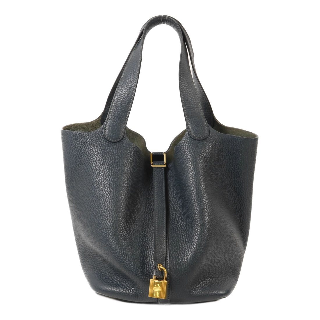 Hermes Picotin MM Taurillon Clemence Vert Cypres Bucket Handbag: Hermes Picotin MM Taurillon Clemence Vert Cypres Bucket Handbag This Hermes Picotin MM bucket tote bag is crafted from Taurillon Clemence calfskin leather in Vert Cypres. The handbag features gold-ton