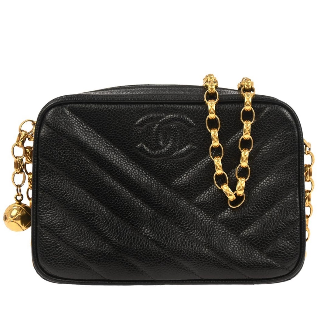Chanel Single Chain Shoulder Bag Black Calfskin Mini: Chanel Single Chain Shoulder Bag Black Calfskin Mini This Chanel Camera Bag Mini features a sleek black calfskin leather exterior with bias stitching and a compact silhouette. Designed with a crossbod