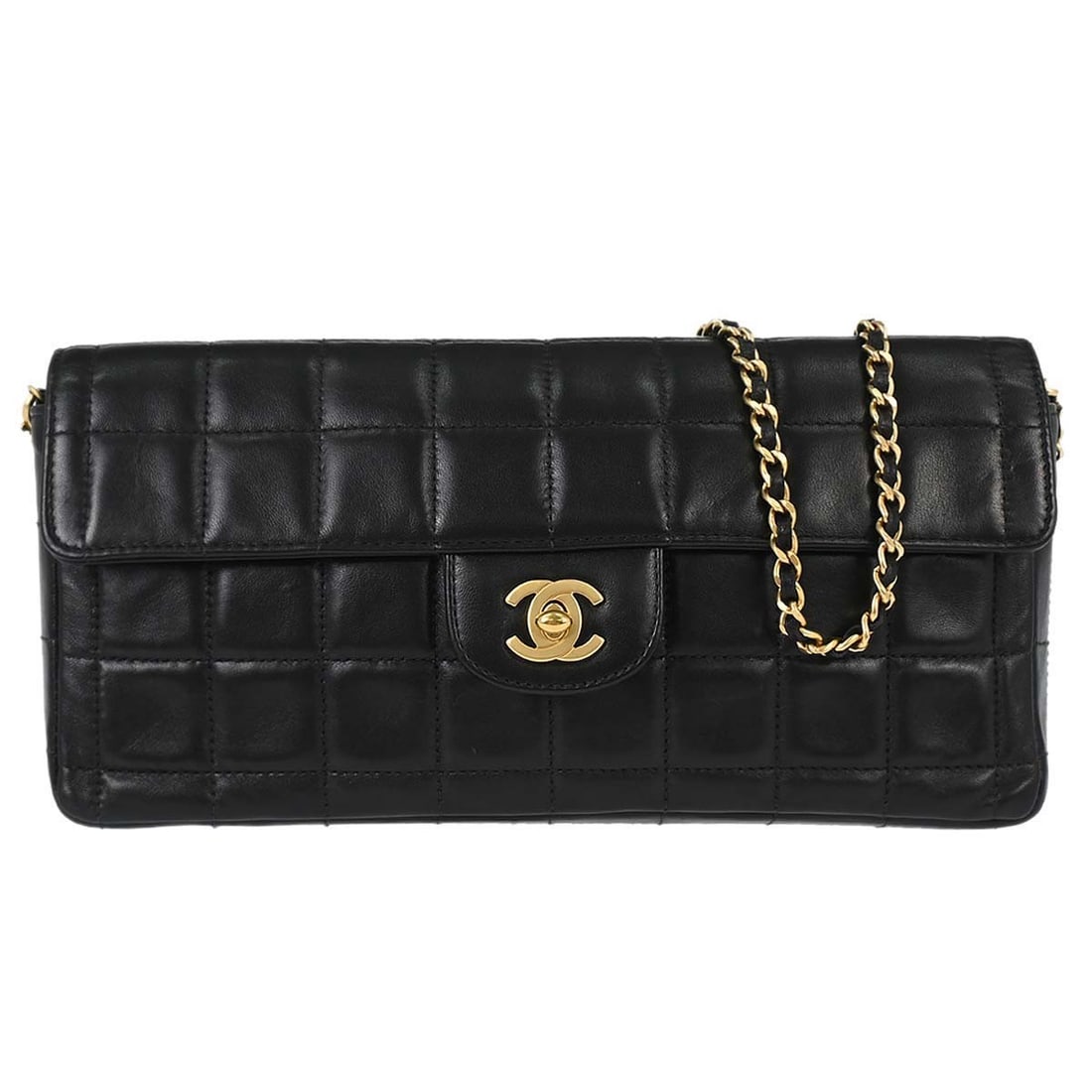 CHANEL East West Black Lambskin Chain Shoulder Bag: CHANEL East West Black Lambskin Chain Shoulder Bag This Chanel Black Lambskin Choco Bar East West Shoulder Bag features a medium-sized silhouette crafted from luxurious lambskin leather. The bag is de