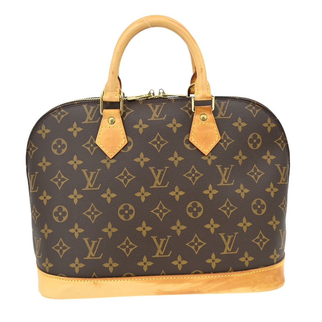 Louis Vuitton Alma Brown Canvas Tote: Louis Vuitton Alma Brown Canvas Tote This Louis Vuitton Alma handbag features the iconic Monogram canvas in brown, designed for women. The bag shows visible signs of wear, including scuffs, scratches,